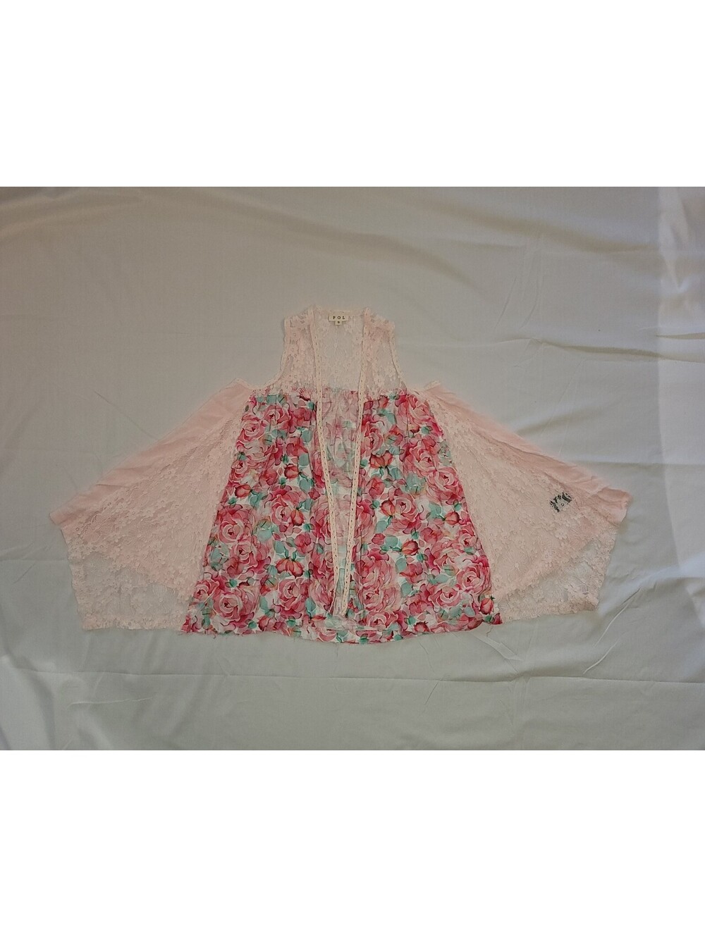 POL Floral Rose Lace Open Front Boho Top S Rayon